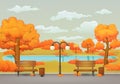 Autumn day park scene. Benches, trash cans and street lamp. Lake on the background. Royalty Free Stock Photo