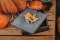 Autumn decor with wooden box, pumpkins, yellow leaves and pine cone