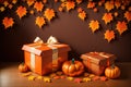 Autumn decoration background with pumpkin, orange leaves and gift box