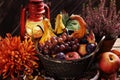 Autumn decoration with basket of fruits and gourds Royalty Free Stock Photo