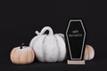 Autumn decoration with gray stone pumpkin and velvet pumpkins with coffin chalk board with text \'Happy Halloween\' Royalty Free Stock Photo