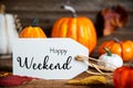 Orange Pumpkin Decoration With Label With Text Happy Weekend