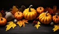 Autumn decoration pumpkin, leaf, wood, orange color, gourd, candle generated by AI