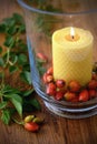 Autumn decoration with rose hips and burning candle in glass Royalty Free Stock Photo