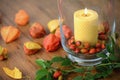 Autumn decoration with rose hips and burning candle in glass Royalty Free Stock Photo