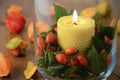 Autumn decoration with rose hips and burning candle in glass Royalty Free Stock Photo