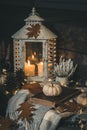 Autumn decoration on veranda in night Royalty Free Stock Photo