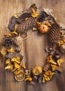 Autumn decorative frame with mushrooms, acorns, pumpkins,dried l