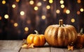 Autumn decorative pumpkins background with copy space, blurred bokeh lights. Wooden table. Halloween concept. Thanksgiving day Royalty Free Stock Photo