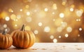 Autumn decorative pumpkins background with copy space, blurred bokeh lights. Wooden table. Halloween concept. Thanksgiving day Royalty Free Stock Photo