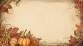 Autumn decorative vintage frame with orange leaves, pumpkins, grape on distressing paper, mock-up. Royalty Free Stock Photo