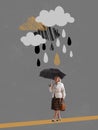 Autumn depression. Middle age sad woman walking with umbrella under drawn rain. Contemporary art collage.