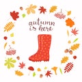 Autumn design with frame of leaves, wellington boots