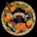 Autumn design, Halloween design. A wreath of vines with pumpkins, oak leaves and acorns