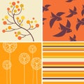 Autumn designs of retro birds, flowers, stripes