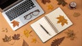Autumn Desk Setup with Laptop Notebook and Coffee fall Royalty Free Stock Photo