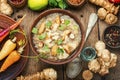 Bowls with delicious artichoke soup