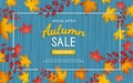 Autumn discount flyer. Special offer, big seasonal sale, great discounts. Horizontal banner with yellow and red leaves in a frame