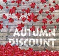 Autumn Discount and red falling leaves laying on wooden background