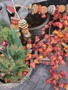 Autumn display with baskets and string