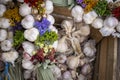 Autumn display with fresh garlic bulbs and flowers Royalty Free Stock Photo