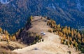 Autumn Dolomites mountain scene from hiking path betwen Pordoi Pass and Fedaia Lake, Italy