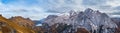 Autumn Dolomites mountain scene from hiking path betwen Pordoi Pass and Fedaia Lake, Italy. Snowy Marmolada Glacier and Fedaia