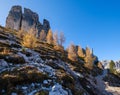 Autumn Dolomites mountain scene, Sudtirol, Italy. Cinque Torri Five towers rock formation