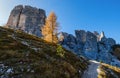 Autumn Dolomites mountain scene, Sudtirol, Italy. Cinque Torri Five towers rock formation