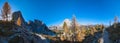 Autumn Dolomites mountain scene, Sudtirol, Italy. Cinque Torri Five towers rock formation