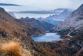 Autumn Dolomites mountain view from hiking path betwen Pordoi Pass and Fedaia Lake, Italy