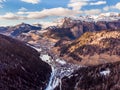 Autumn Dolomites panorama photo, sunny day. Aerial view Royalty Free Stock Photo