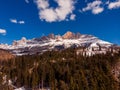 Autumn Dolomites panorama photo, sunny day Italy. Aerial view Royalty Free Stock Photo