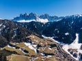 Autumn Dolomites panorama photo, sunny day Italy. Aerial view Royalty Free Stock Photo