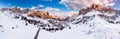 Autumn Dolomites panorama photo, sunset Trentino Alto Adige mountain pass, Italy. Aerial view