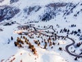 Autumn Dolomites panorama photo, sunset Trentino Alto Adige mountain pass, Italy. Aerial view Royalty Free Stock Photo