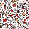 Autumn doodle seamless pattern. Fall illustration with pumpkin, coffee, leaf on white background