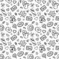 Autumn doodle seamless pattern. Hand drawn set of sketches: cups of coffee, apple, leaves, donut, cookies, acorns, etc. Royalty Free Stock Photo