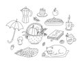 Autumn doodle set with wicker basket, coffee mugs and cat. Royalty Free Stock Photo