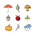 Autumn doodles filled icon set. Fall elements. Vector illustration, flat design Royalty Free Stock Photo