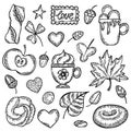 Autumn doodles. Hand drawn set of sketches: cups of coffee, apple, leaves, donut, cookies, acorns, rolls, etc.