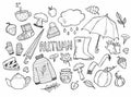 Autumn doodles. Hand drawn set of sketches: rubber boots,cloud, book, cup of tea, sweater, umbrella, pie, apple, mushrooms, leaves