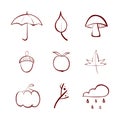 Autumn doodles outline icon set. Brown color. Vector illustration, flat design Royalty Free Stock Photo