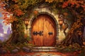 autumn door covered in climbing vines vector fall background