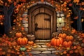 autumn door to a rustic cabin vector fall background