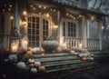 leaf halloween fall house wooden decoration pumpkin porch holiday door. Generative AI.