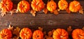 Autumn double border banner of pumpkins and fall leaves, top view over a rustic wood background Royalty Free Stock Photo