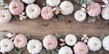 Autumn double border banner of dusty rose and white pumpkins with silver leaves and cotton flowers on a light wood background