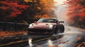 Autumn Drift: A Rainy Ride Through a Red Sports Car in a Forest Royalty Free Stock Photo