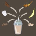 Autumn drink. Banana smoothie recipe. Cartoon to go cup with different fruits smoothies cocktail .